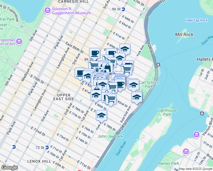 map of restaurants, bars, coffee shops, grocery stores, and more near 408 East 82nd Street in New York