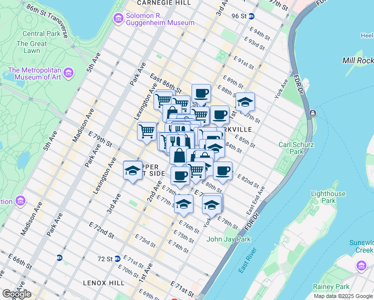 map of restaurants, bars, coffee shops, grocery stores, and more near 313 East 81st Street in New York
