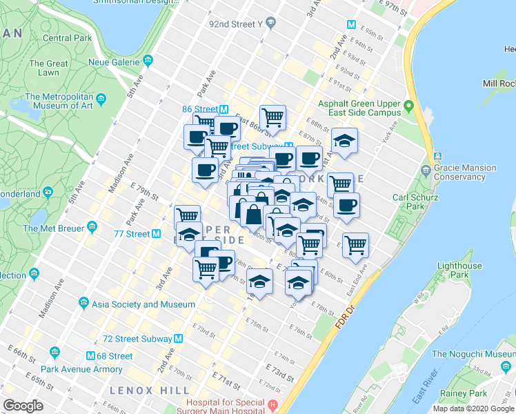 map of restaurants, bars, coffee shops, grocery stores, and more near 313 East 81st Street in New York