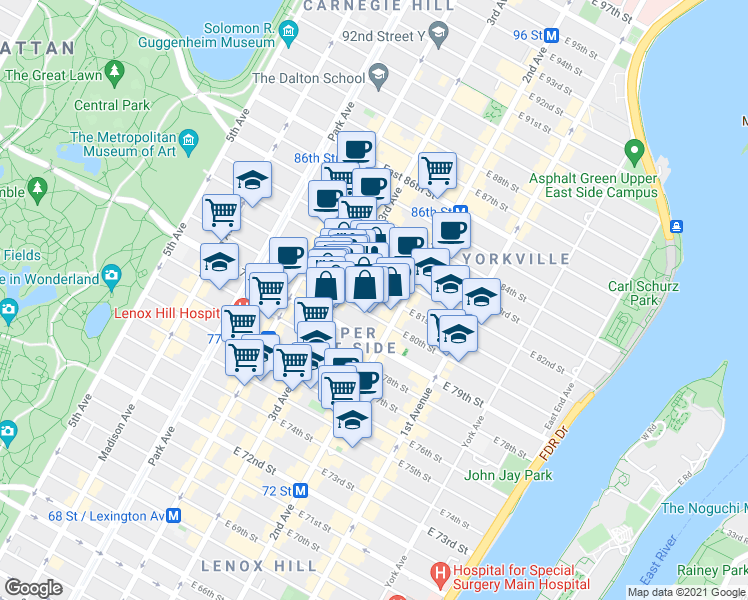 map of restaurants, bars, coffee shops, grocery stores, and more near 222 East 80th Street in New York