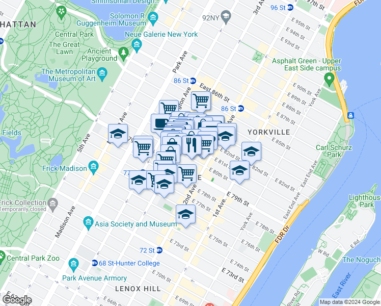 map of restaurants, bars, coffee shops, grocery stores, and more near 222 East 80th Street in New York