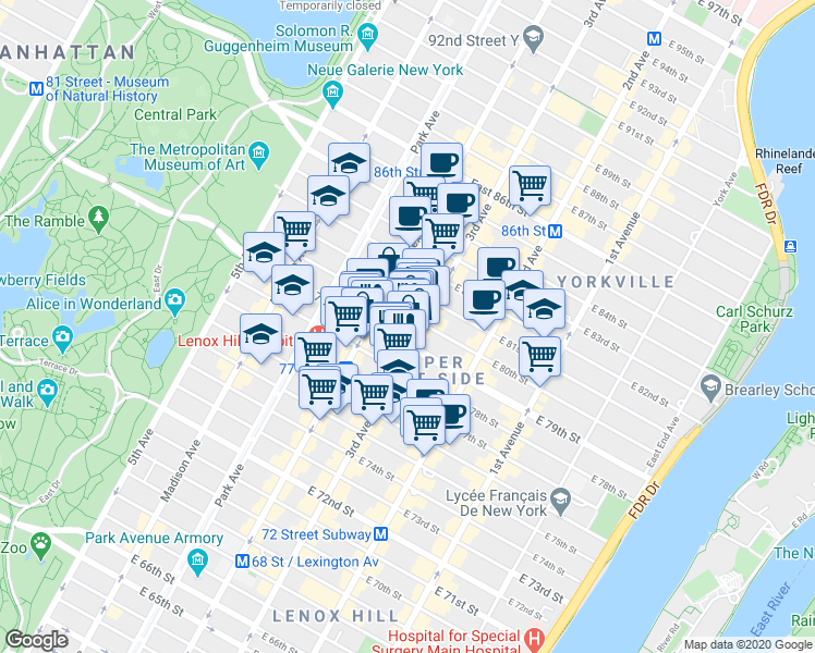 map of restaurants, bars, coffee shops, grocery stores, and more near in New York