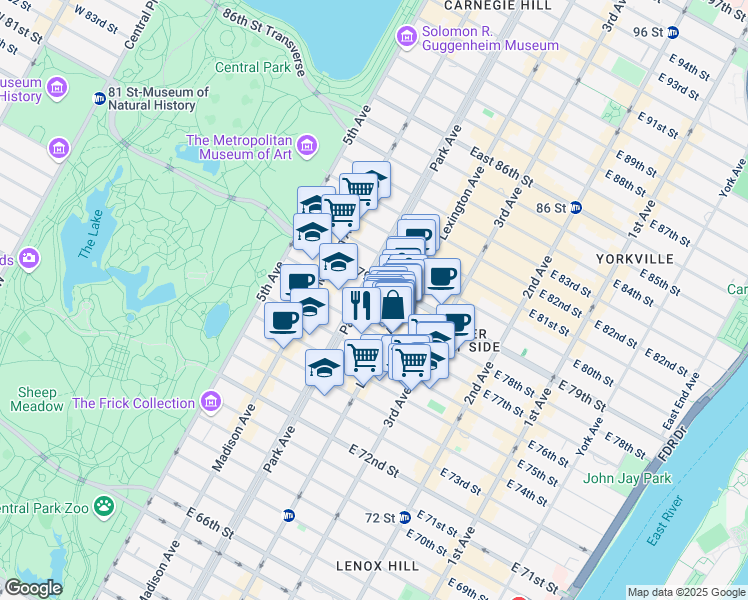 map of restaurants, bars, coffee shops, grocery stores, and more near 1106 Lexington Avenue in New York