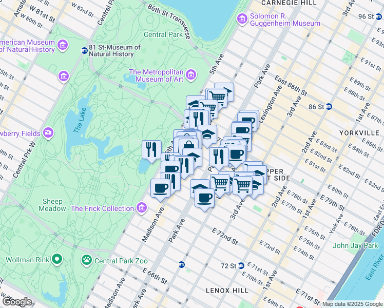 map of restaurants, bars, coffee shops, grocery stores, and more near 974 Madison Avenue in New York