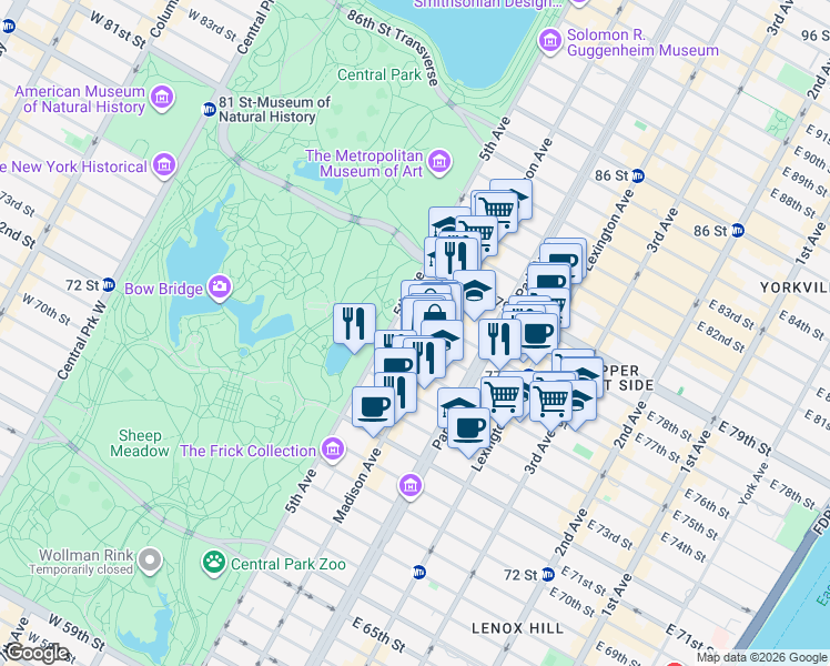 map of restaurants, bars, coffee shops, grocery stores, and more near 974 Madison Avenue in New York