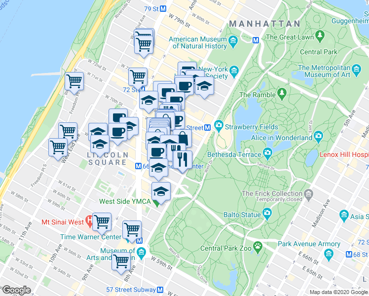 map of restaurants, bars, coffee shops, grocery stores, and more near 88 Central Park West in New York