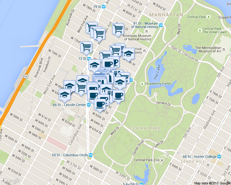 map of restaurants, bars, coffee shops, grocery stores, and more near 88 Central Park West in New York