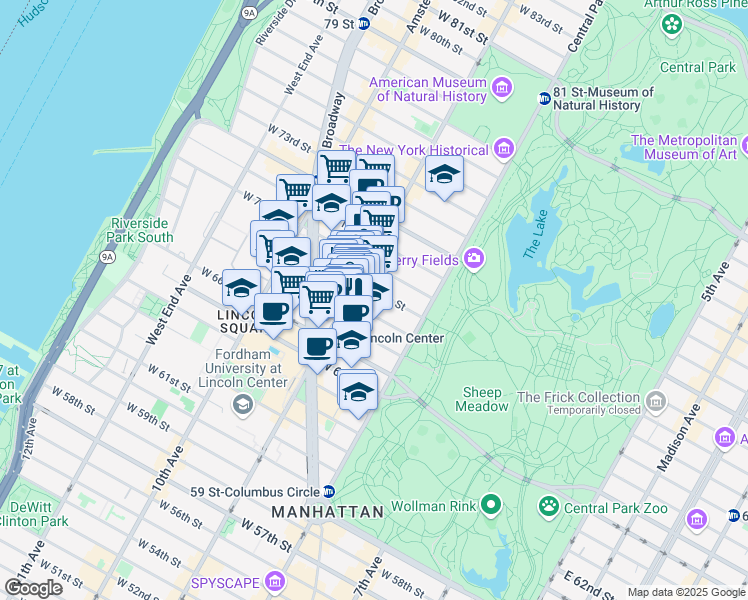 map of restaurants, bars, coffee shops, grocery stores, and more near 67 West 68th Street in New York