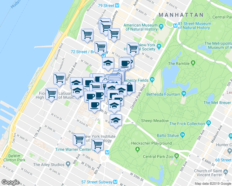 map of restaurants, bars, coffee shops, grocery stores, and more near 67 West 68th Street in New York
