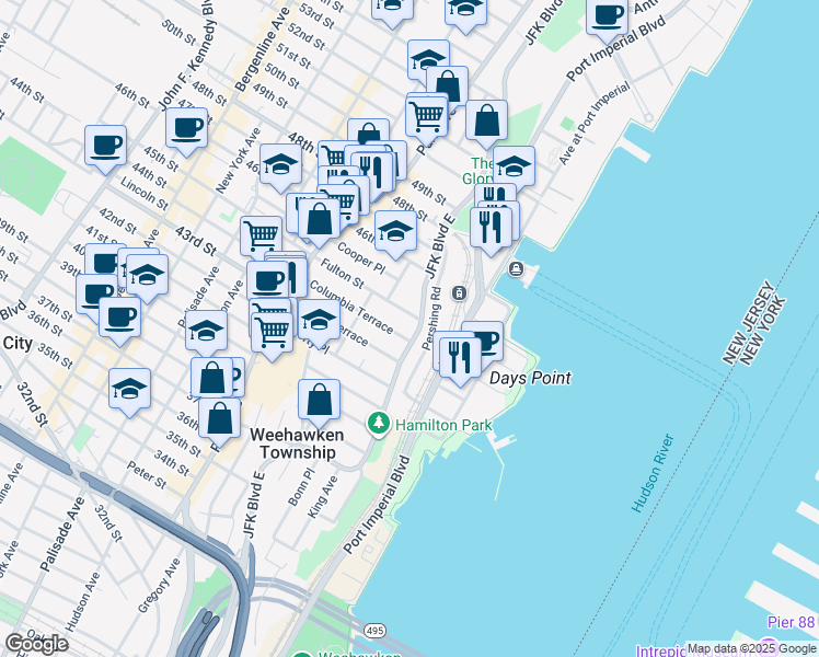 map of restaurants, bars, coffee shops, grocery stores, and more near 883 Boulevard East in Weehawken
