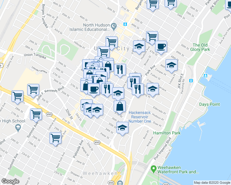 map of restaurants, bars, coffee shops, grocery stores, and more near 208 39th Street in Union City