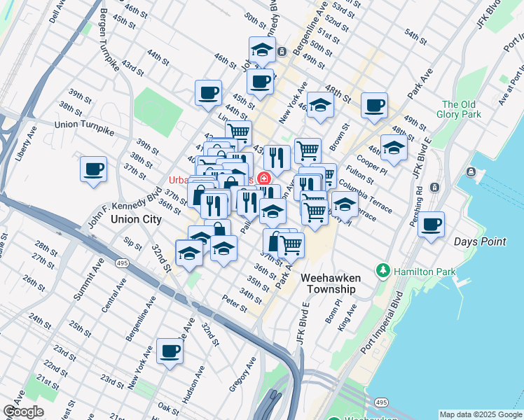 map of restaurants, bars, coffee shops, grocery stores, and more near 208 39th Street in Union City