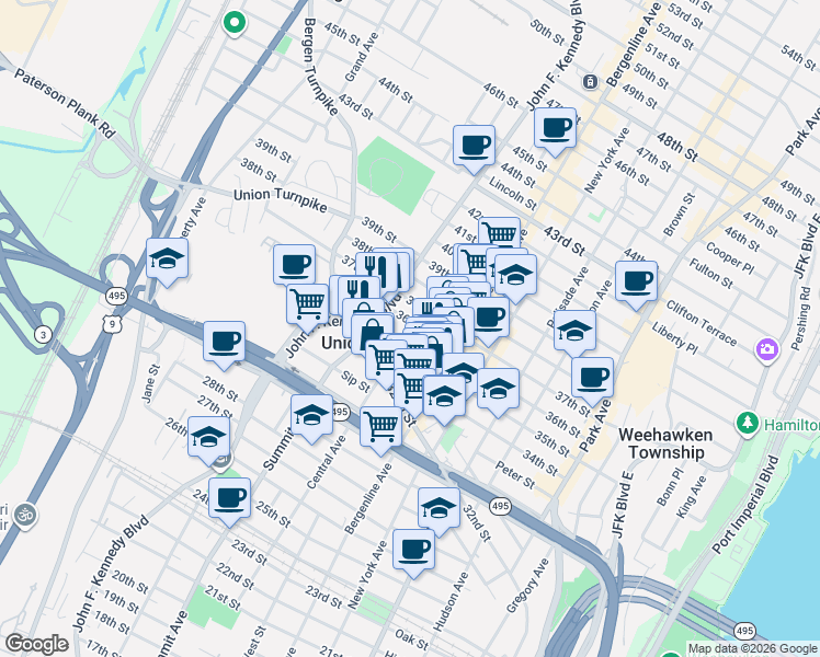 map of restaurants, bars, coffee shops, grocery stores, and more near 4414 Central Avenue in Union City