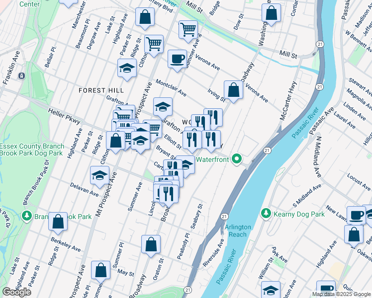map of restaurants, bars, coffee shops, grocery stores, and more near 710 Broadway in Newark
