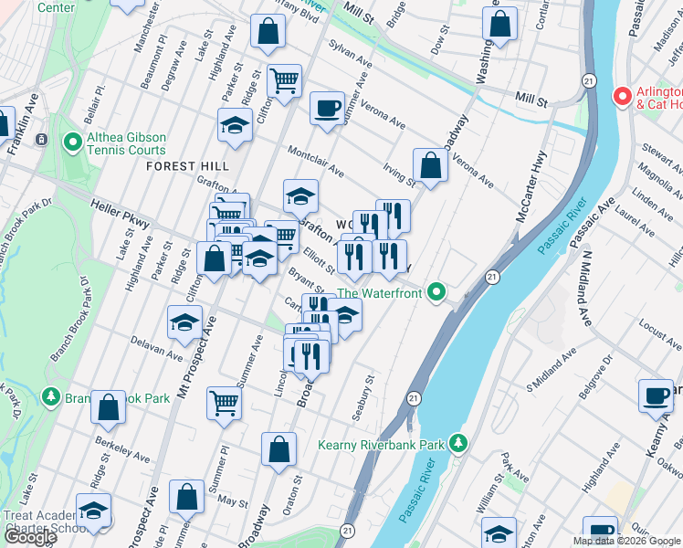 map of restaurants, bars, coffee shops, grocery stores, and more near 25-29 Bryant Street in Newark