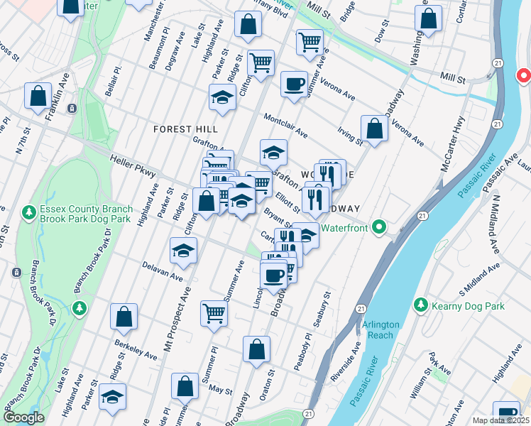 map of restaurants, bars, coffee shops, grocery stores, and more near 58 Bryant Street in Newark