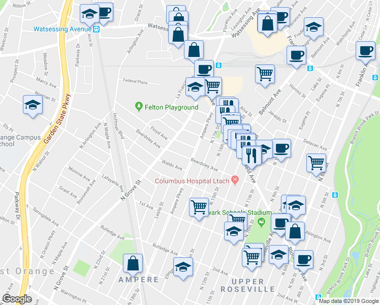 map of restaurants, bars, coffee shops, grocery stores, and more near 248 Ampere Parkway in Bloomfield