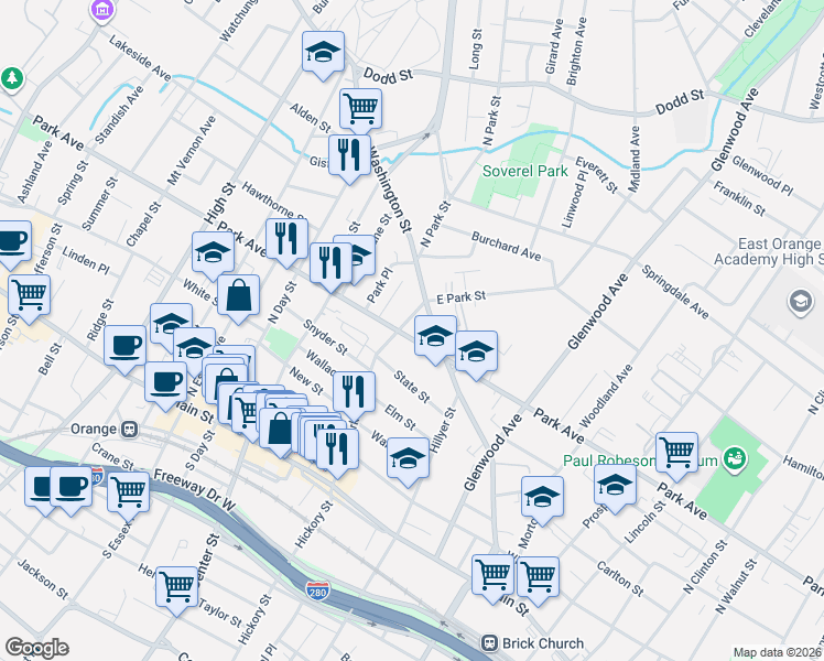 map of restaurants, bars, coffee shops, grocery stores, and more near 730 Park Avenue in East Orange