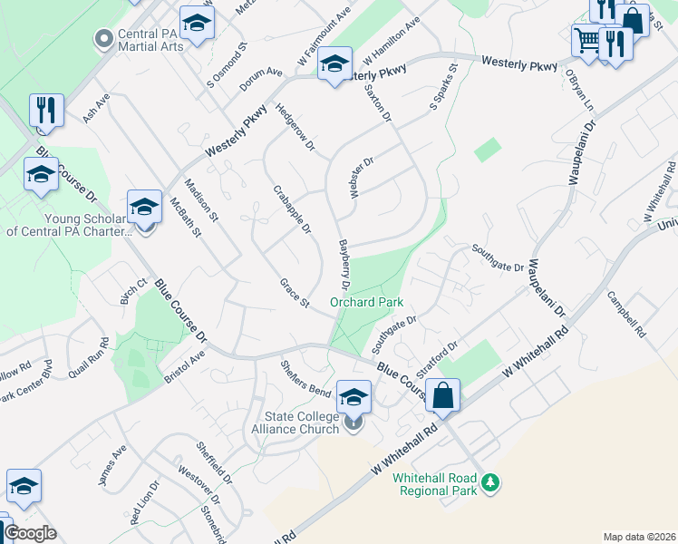 map of restaurants, bars, coffee shops, grocery stores, and more near 1000-1098 Bayberry Dr in State College