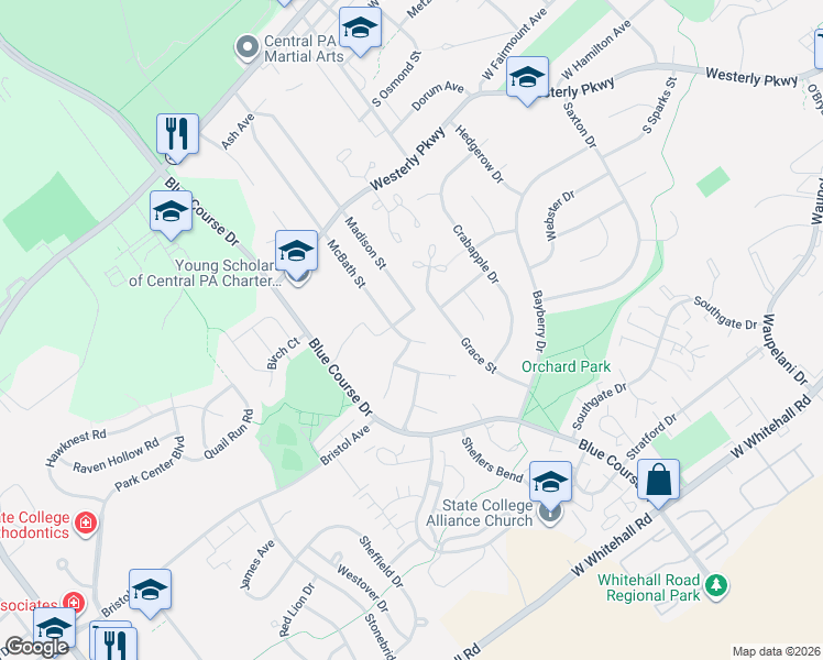 map of restaurants, bars, coffee shops, grocery stores, and more near 350-360 McBath Street in State College