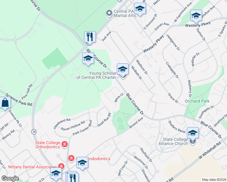 map of restaurants, bars, coffee shops, grocery stores, and more near 1631-1633 Birch Ct in State College