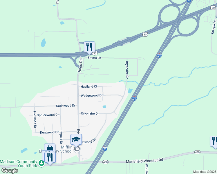 map of restaurants, bars, coffee shops, grocery stores, and more near Reedstone St in Mansfield