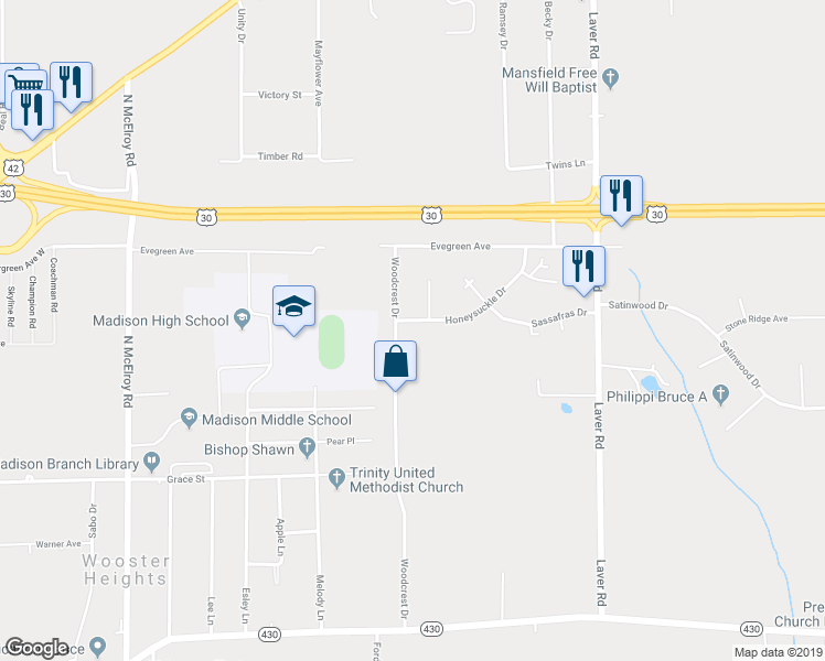 map of restaurants, bars, coffee shops, grocery stores, and more near 1636 Honeysuckle Drive in Mansfield