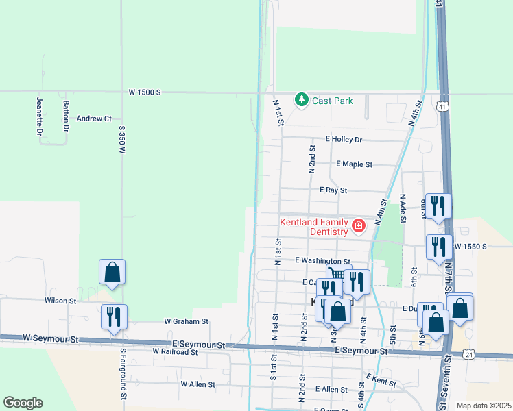 map of restaurants, bars, coffee shops, grocery stores, and more near North John Street in Kentland