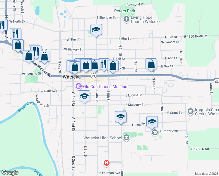 map of restaurants, bars, coffee shops, grocery stores, and more near 310 East Locust Street in Watseka