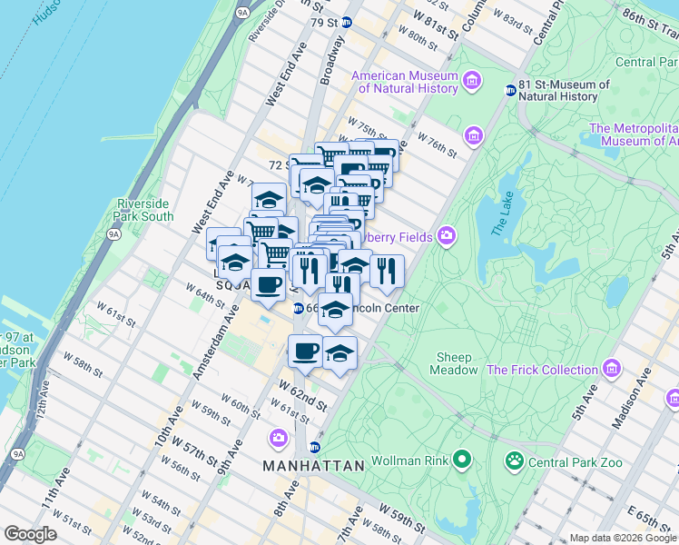 map of restaurants, bars, coffee shops, grocery stores, and more near 75 West 68th Street in New York