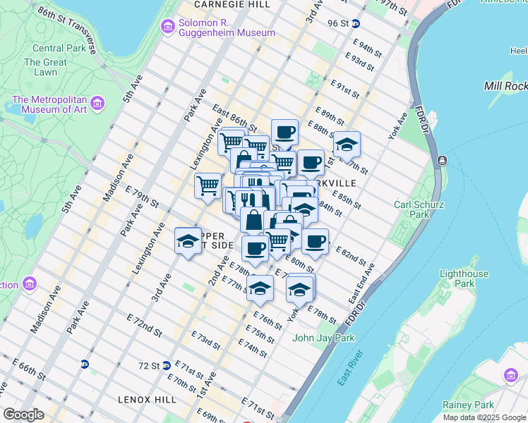 map of restaurants, bars, coffee shops, grocery stores, and more near 308 East 82nd Street in New York