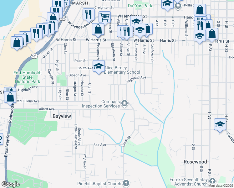 map of restaurants, bars, coffee shops, grocery stores, and more near 3550 Albee Street in Eureka