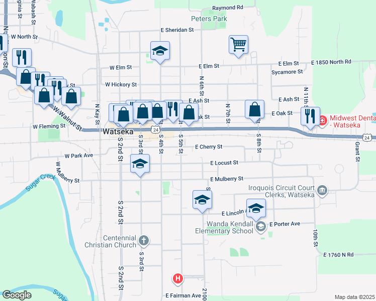 map of restaurants, bars, coffee shops, grocery stores, and more near 310 East Locust Street in Watseka