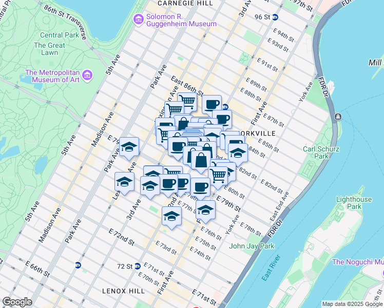 map of restaurants, bars, coffee shops, grocery stores, and more near 243 East 81st Street in New York