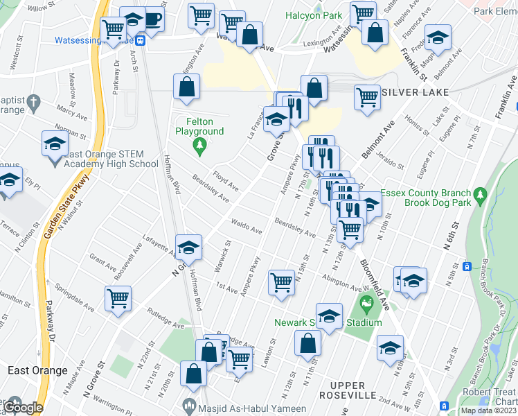 map of restaurants, bars, coffee shops, grocery stores, and more near 423 Beardsley Avenue in Bloomfield