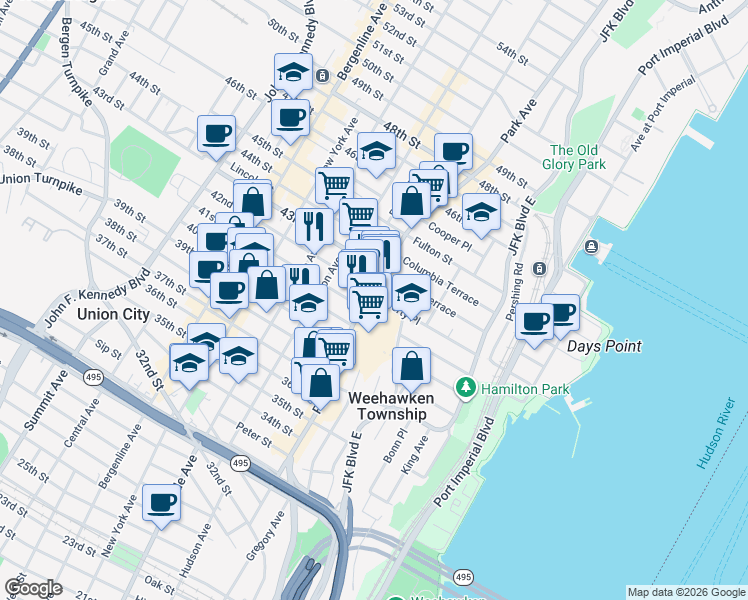 map of restaurants, bars, coffee shops, grocery stores, and more near 4098 Park Avenue in Weehawken
