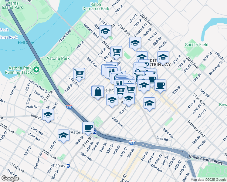 map of restaurants, bars, coffee shops, grocery stores, and more near 23-21 28th Street in Queens