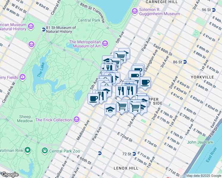 map of restaurants, bars, coffee shops, grocery stores, and more near 57 East 77th Street in New York