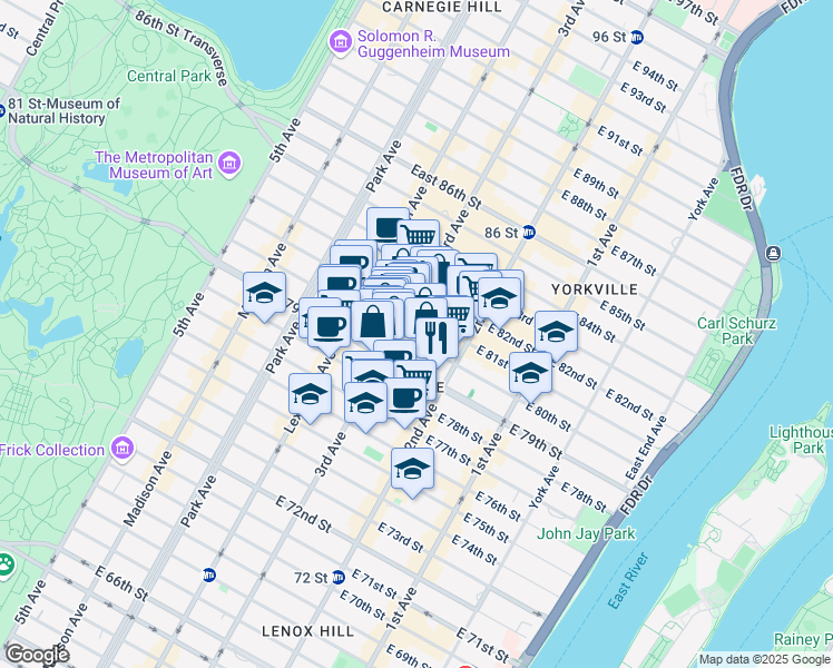 map of restaurants, bars, coffee shops, grocery stores, and more near 222 East 80th Street in New York