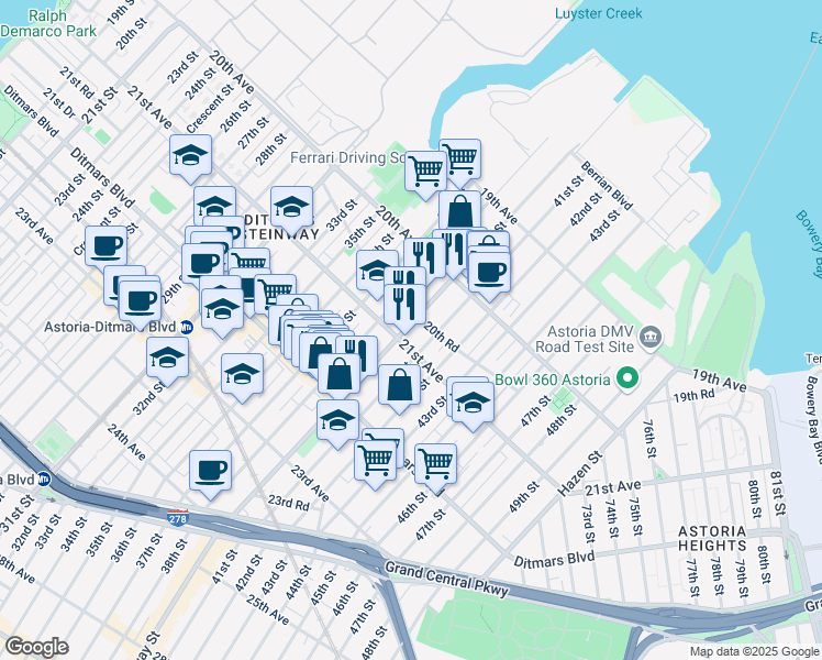 map of restaurants, bars, coffee shops, grocery stores, and more near 20-79 Steinway Street in Queens