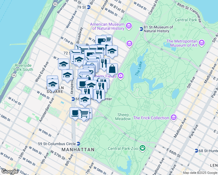 map of restaurants, bars, coffee shops, grocery stores, and more near 1 West 70th Street in New York