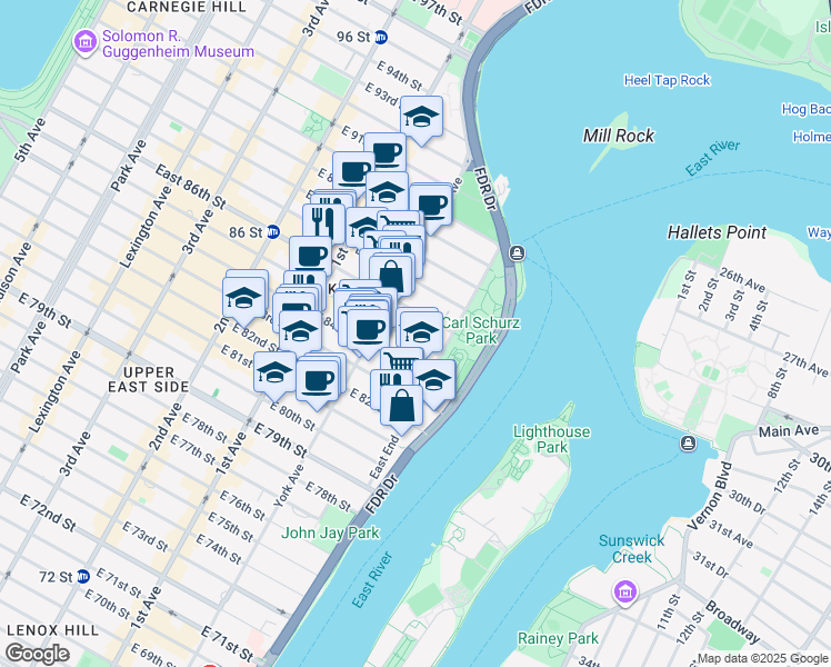 map of restaurants, bars, coffee shops, grocery stores, and more near 525 East 85th Street in New York