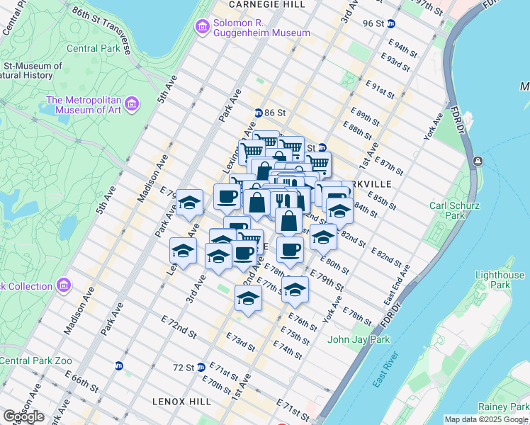 map of restaurants, bars, coffee shops, grocery stores, and more near 226 East 81st Street in New York