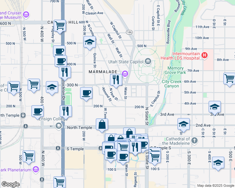 map of restaurants, bars, coffee shops, grocery stores, and more near 251 North Center Street in Salt Lake City