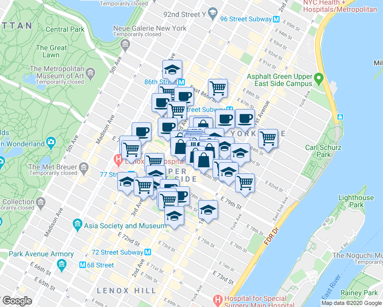 map of restaurants, bars, coffee shops, grocery stores, and more near 236 East 81st Street in New York