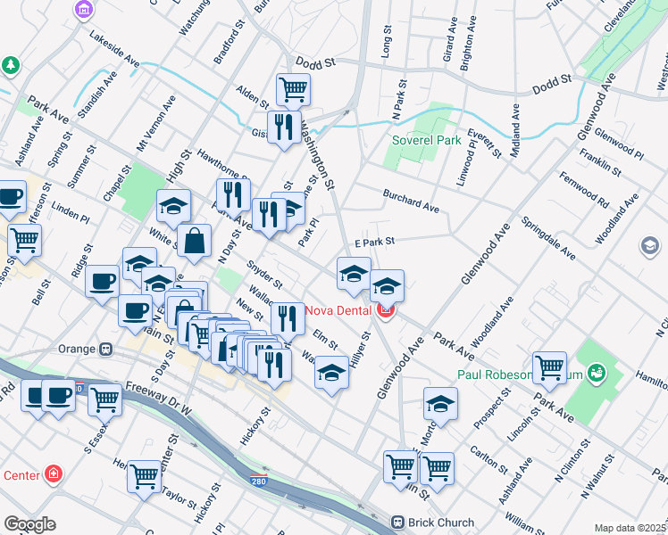 map of restaurants, bars, coffee shops, grocery stores, and more near 730 Park Avenue in East Orange