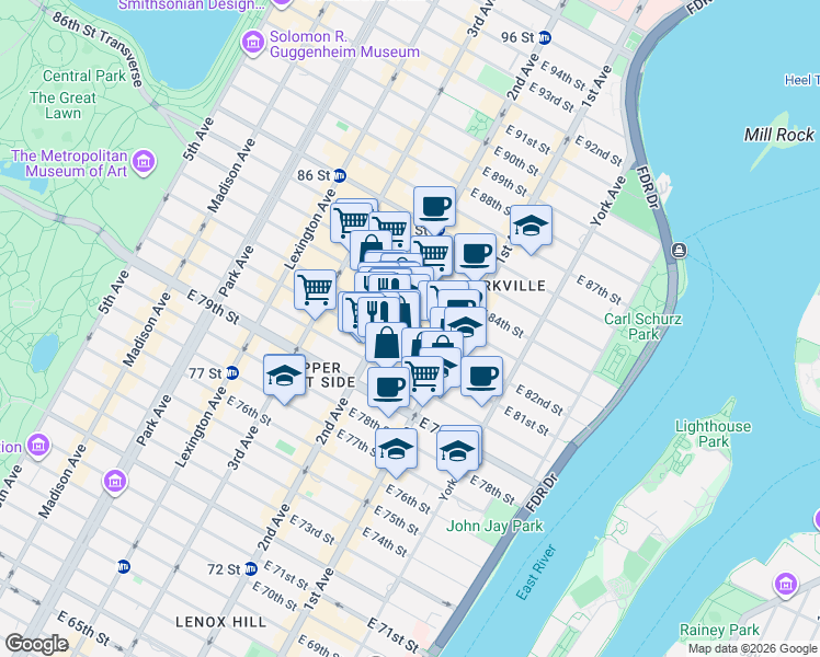 map of restaurants, bars, coffee shops, grocery stores, and more near 313 East 81st Street in New York