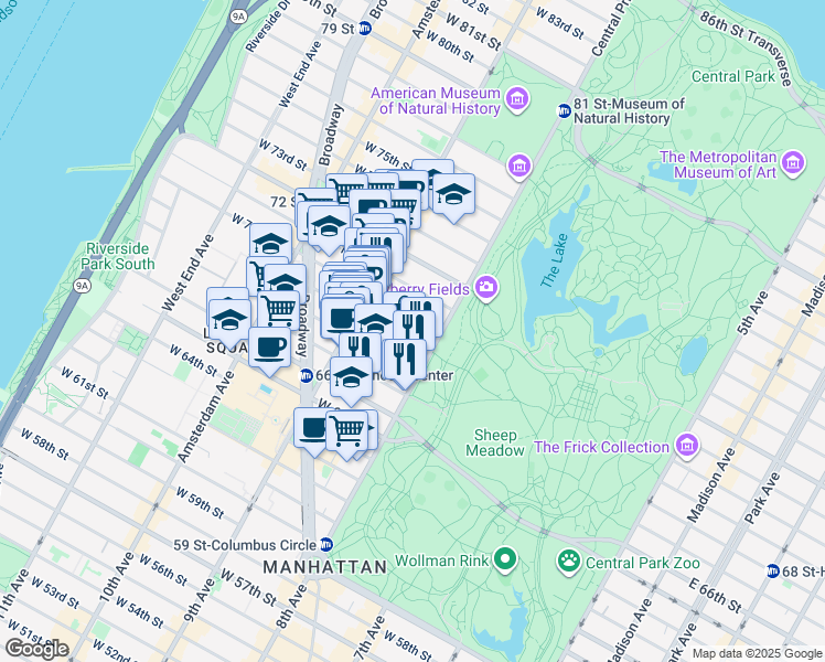 map of restaurants, bars, coffee shops, grocery stores, and more near 19 West 69th Street in New York