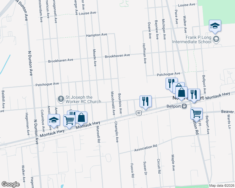 map of restaurants, bars, coffee shops, grocery stores, and more near 503 Bourdois Avenue in Bellport