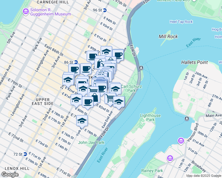 map of restaurants, bars, coffee shops, grocery stores, and more near 521 East 85th Street in New York